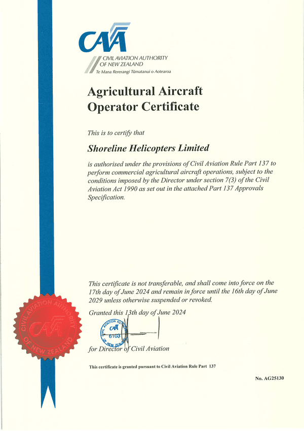 Agriculture Aircraft Operator Certificate Certificate